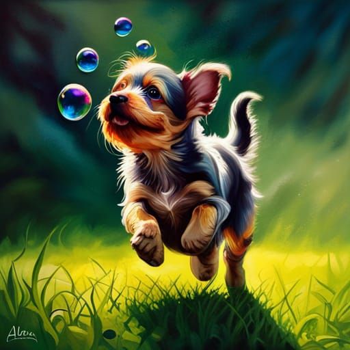 Puppy's Joyful Bubble Chase: A Detailed Oil Painting