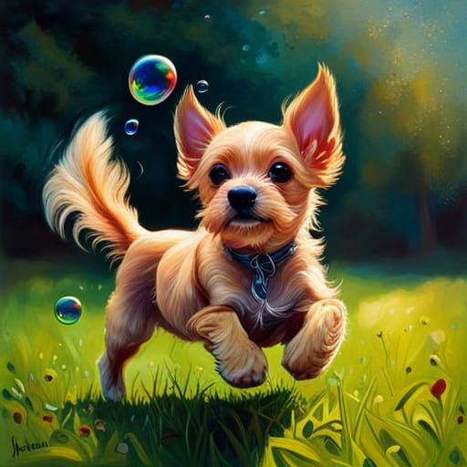 Puppy's Playful Pursuit: A Hyperrealistic Garden Scene