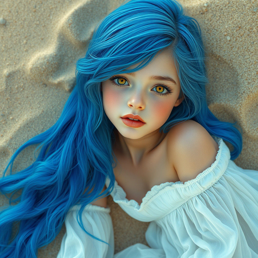 Ethereal Girl with Blue Hair on Sandy Beach