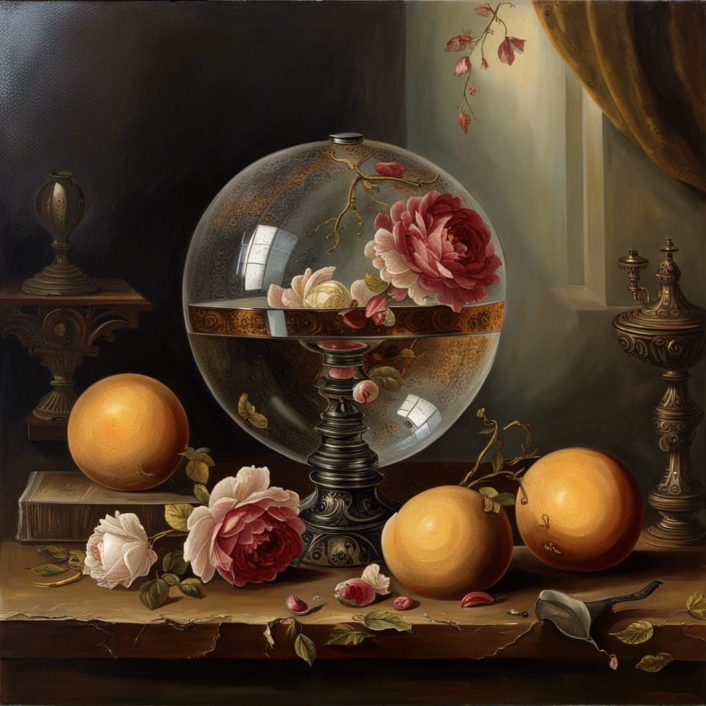 Elegant Psychic Sphere Vanitas in Detailed Oil Painting