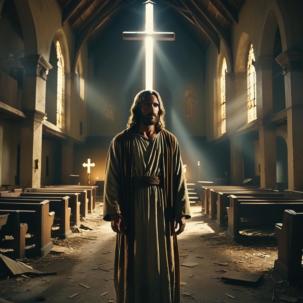 Jesus Reincarnated in Abandoned Church: Cinematic Film Still