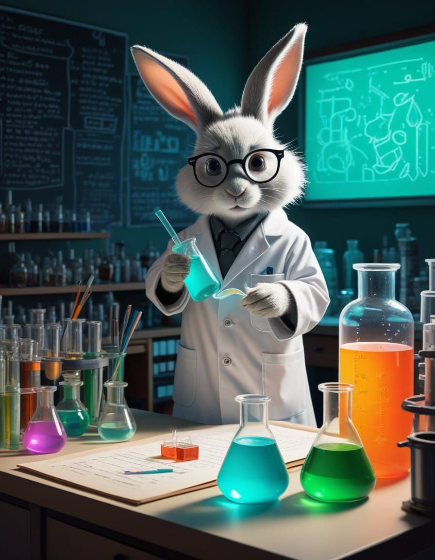 Whimsical Scientist Rabbit in Lab Coat Creates Complex Formu...