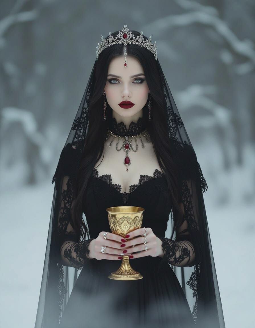 Gothic Woman with Ruby Jewel in Dark Portrait