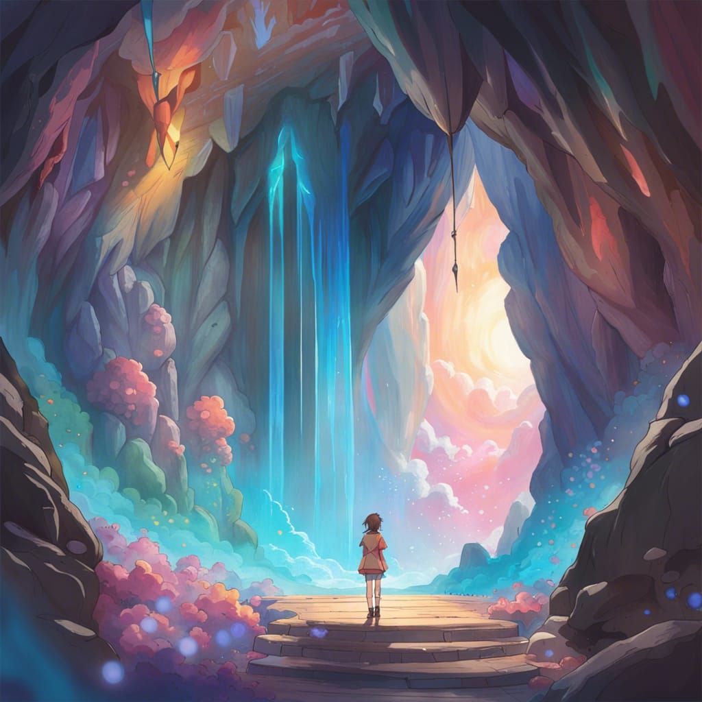 Colorful Crystal Cave with Clouds, Anime Fantasy Art