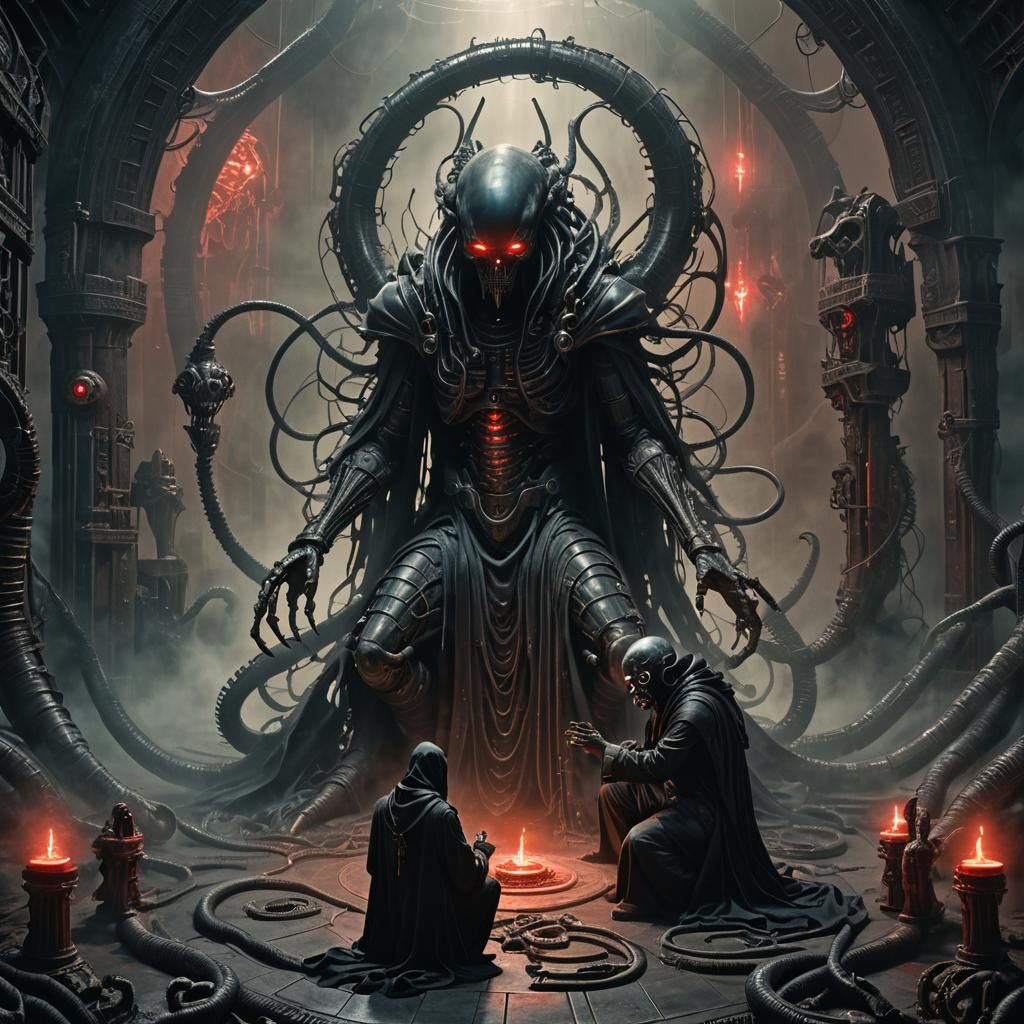 Biomechanical Man Prays to Alien Serpent God