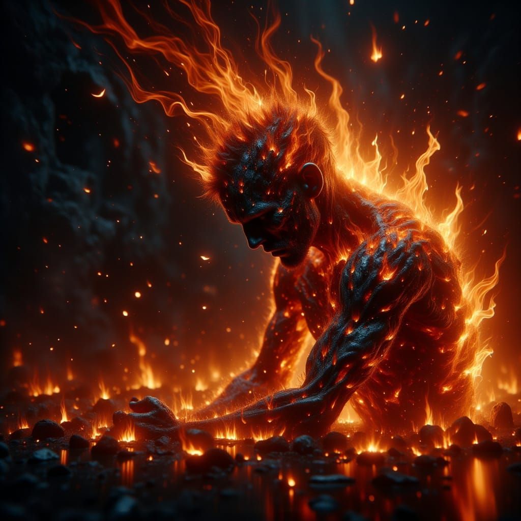 Male Fire God Disintegrating into Flames