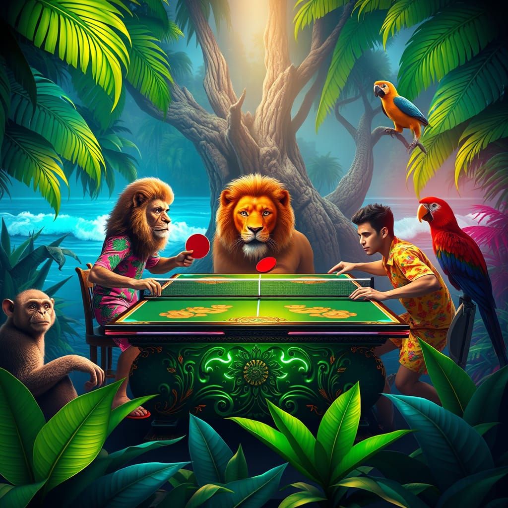 Fantastical Table Tennis Match in Vibrant Jungle Setting