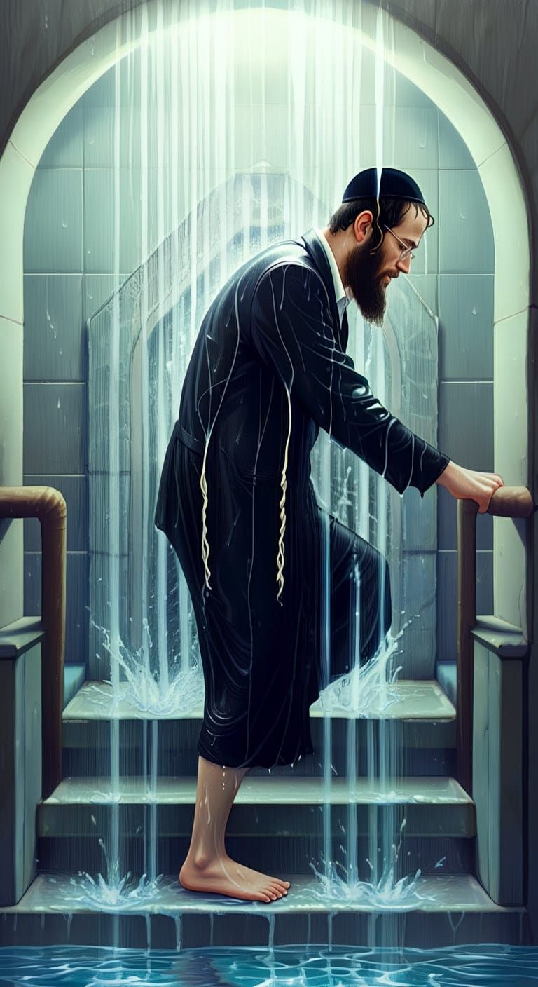 Hasidic Man Emerging from Mikvah in Comic Style