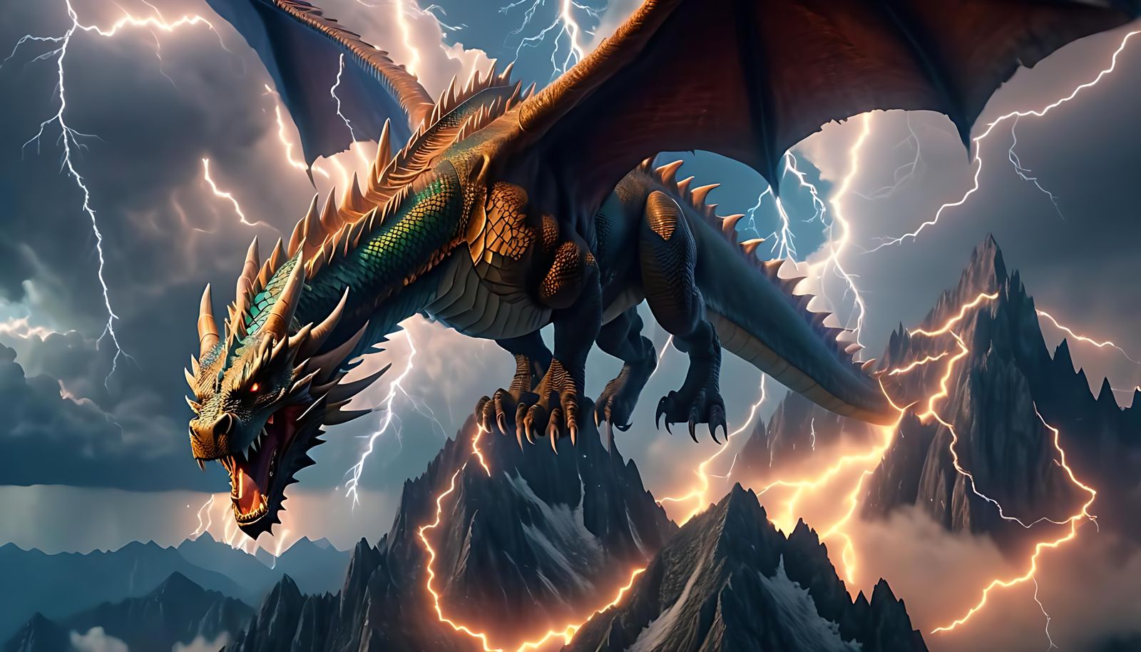 Flying Dragon in Lightning Storm: Fantasy Painting
