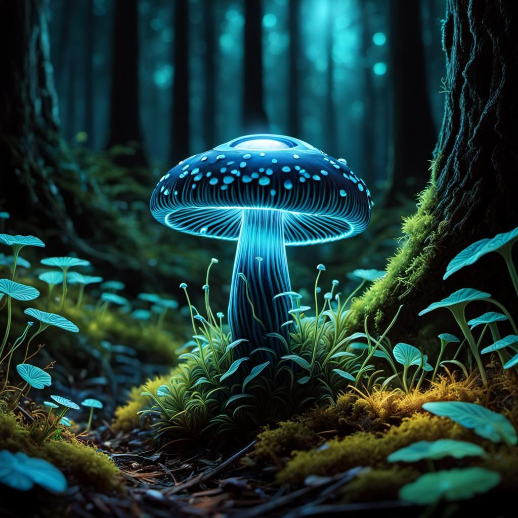 Bioluminescent Mushroom Close-Up, Digital Matte Painting