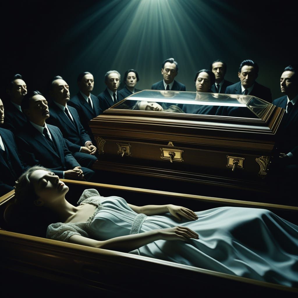 Serene Woman in Casket Amidst Loved Ones in Surreal Style