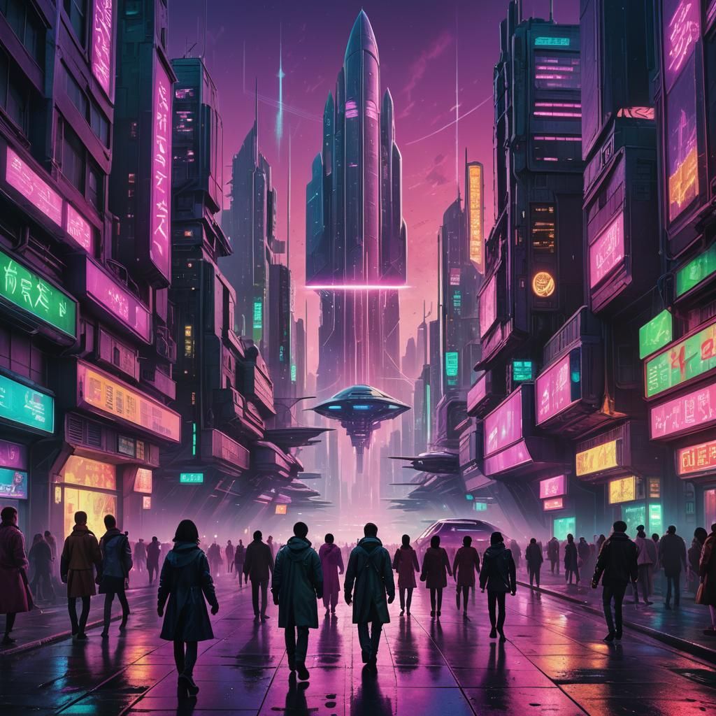 Retro Futurism: Neon Cityscape with Spaceship