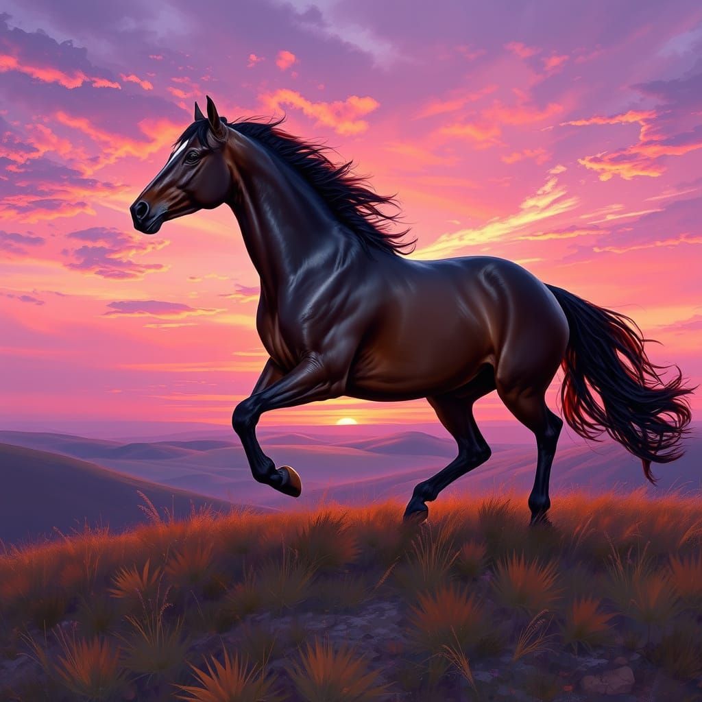 Majestic Horse Gallops in a Vibrant Purple Sunset