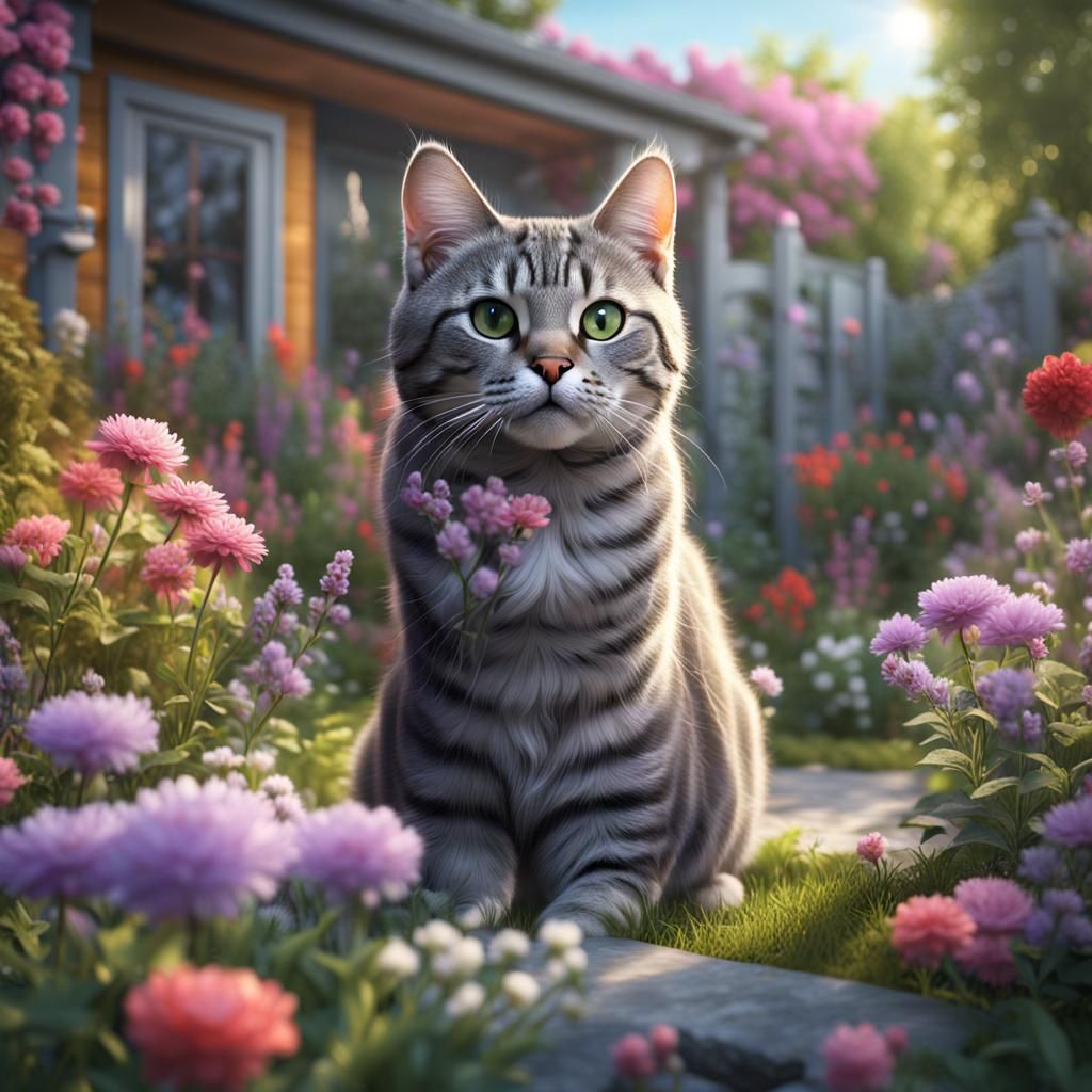 Tabby Cat in a Fantasy Garden, Digital Art
