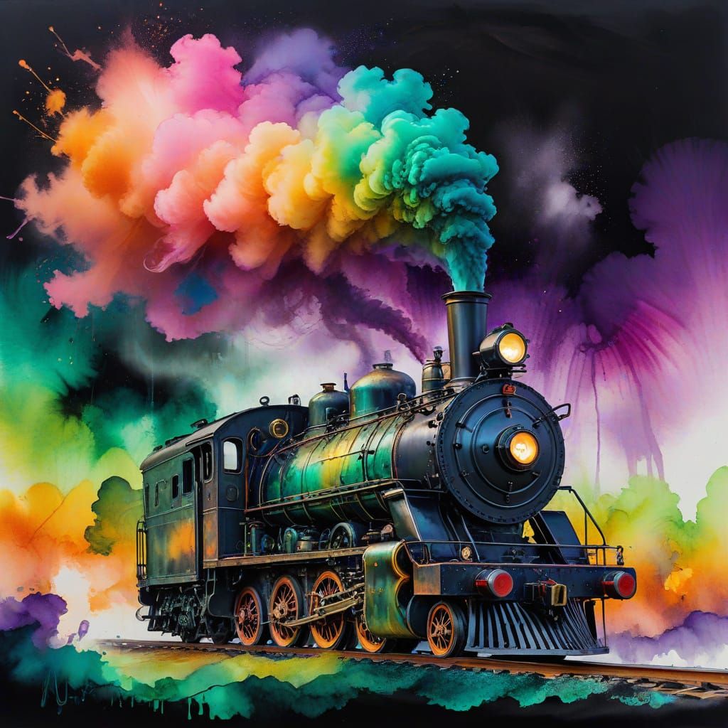 Vintage Steam Engine Meets Wizard, Watercolor Art