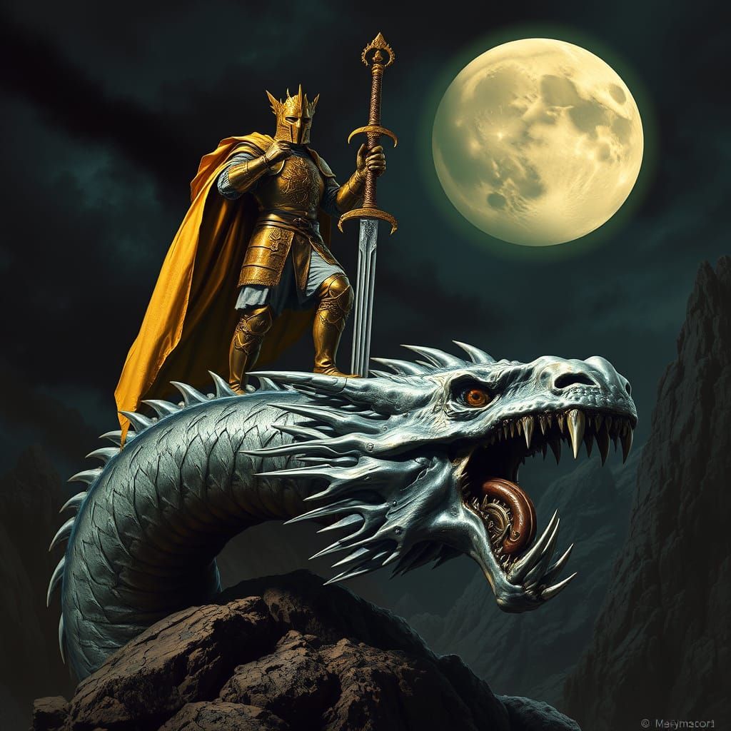 Heroic Knight Victorious Over Dragon in Mystical Landscape