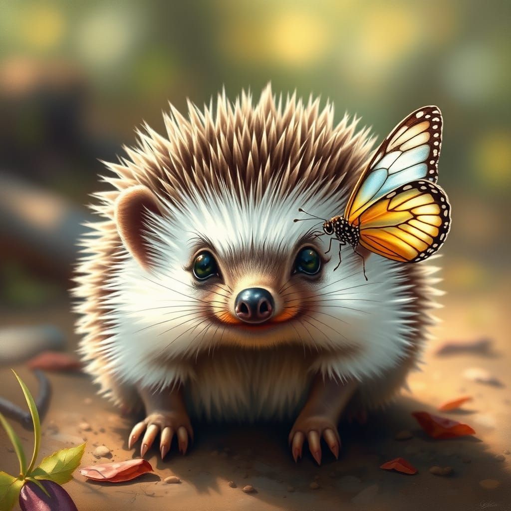 Realistic Hedgehog with Butterfly in Sunlit Forest