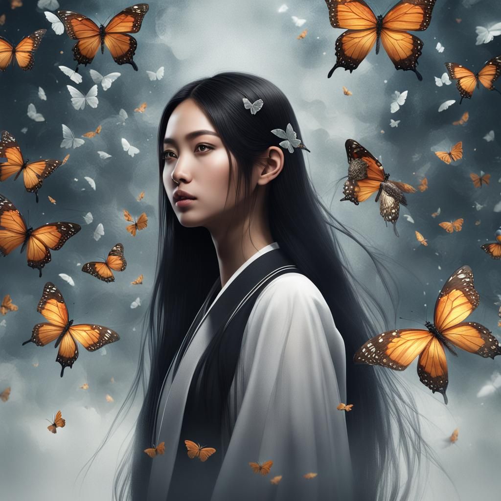 Minimalist Portrait of Japanese Woman with Butterflies