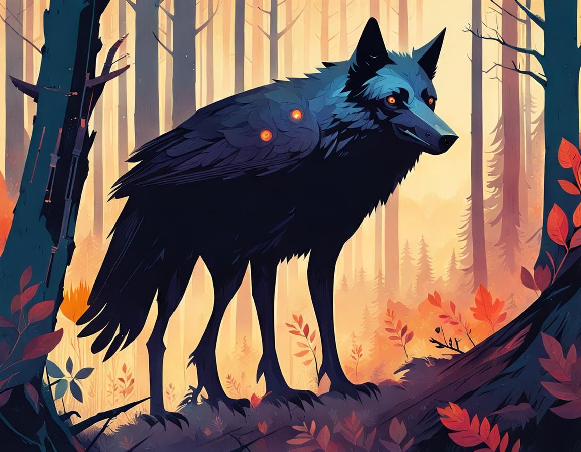Raven-Wolf Hybrid Stalking Through Dark Forest