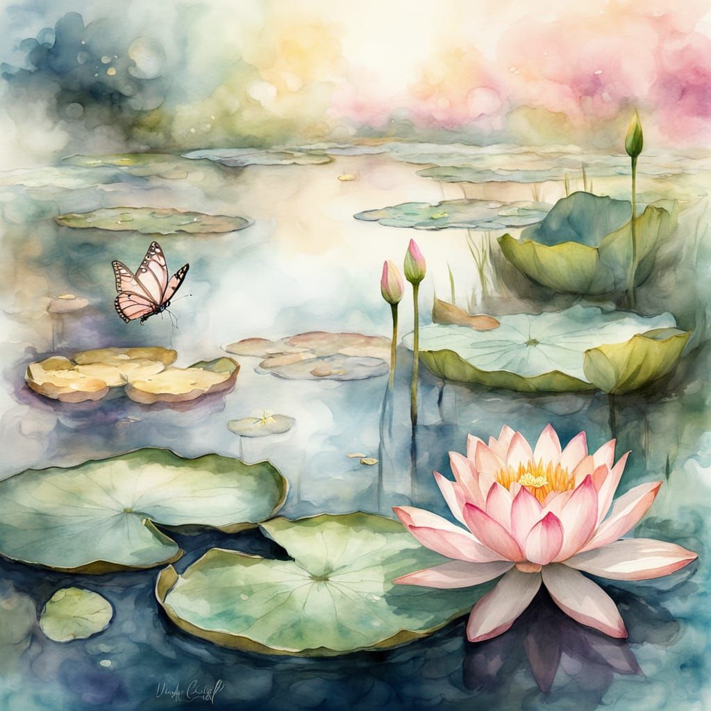 Pink Lotus and Butterfly in Watercolor Style