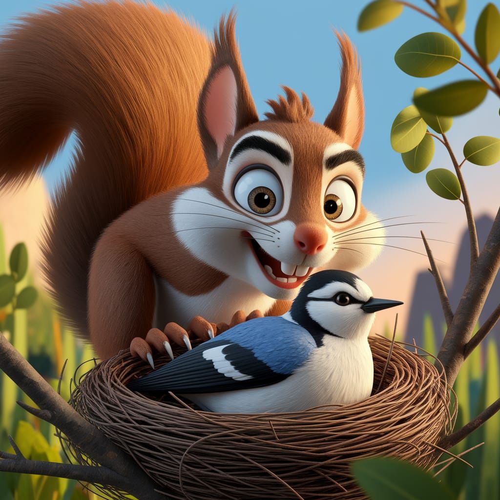 Squirrel Prank in a Pixar-Style CGI Scene