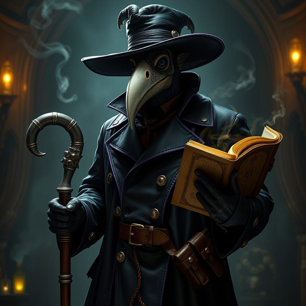 Mysterious Victorian Kenku Plague Doctor in Haunting, Dimly....