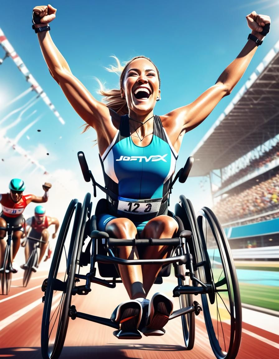 Joyful Wheelchair Athlete Crossing Finish Line