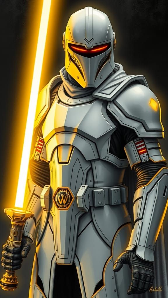 Futuristic Armored Knight with Lightsaber in Noir Style