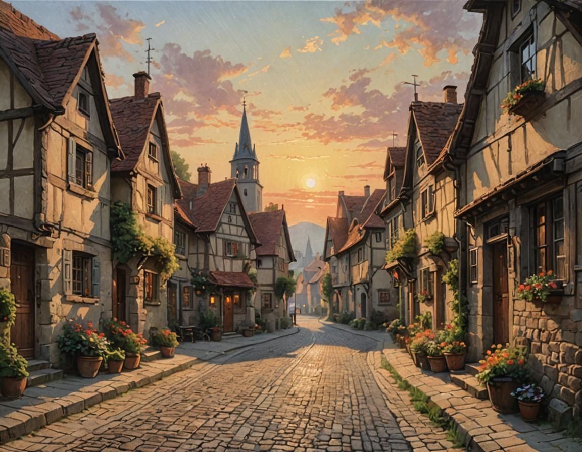 European Village Street at Sunrise, Academic Style