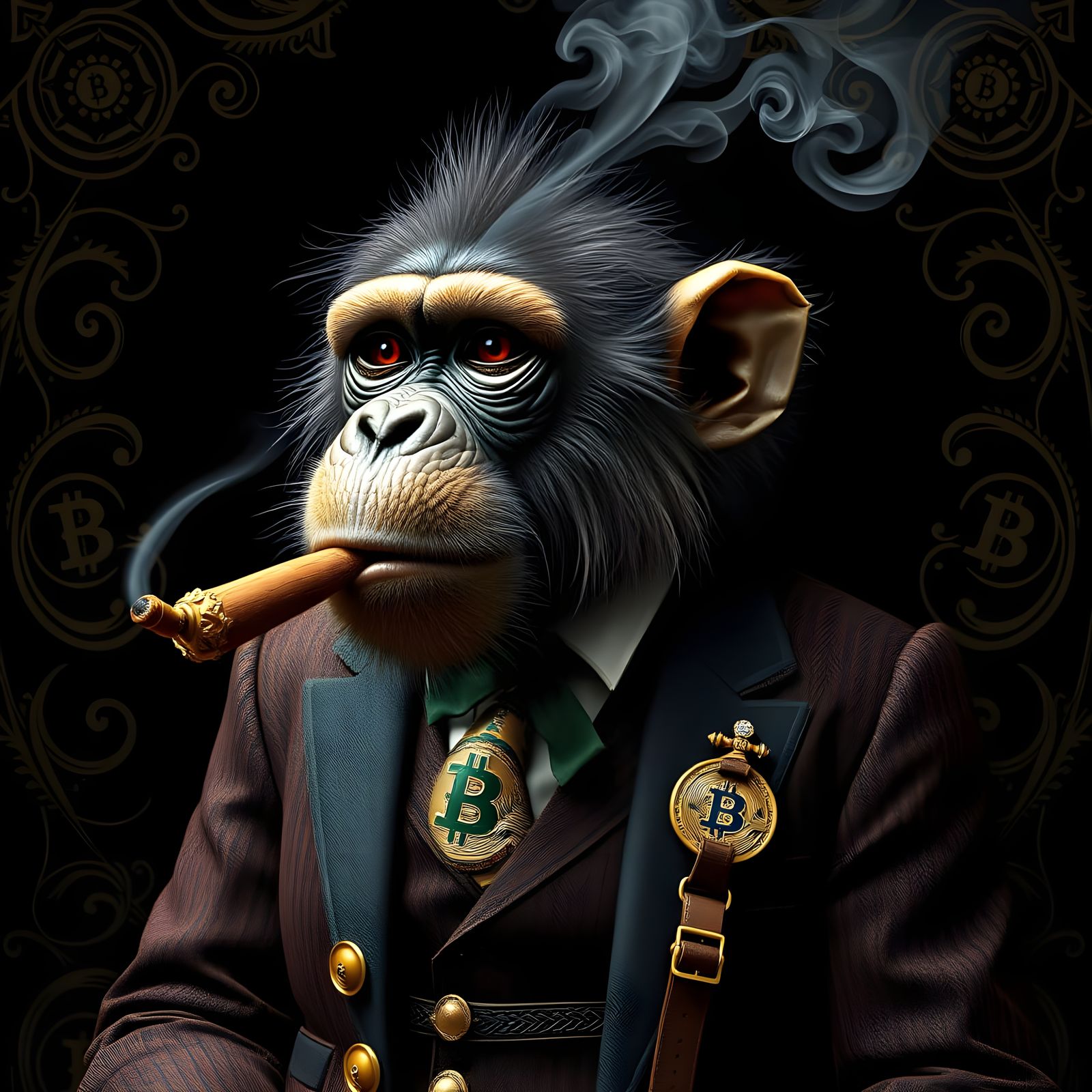 Monkey in Whimsical Steampunk Attire, Puffing Cigar Among An...