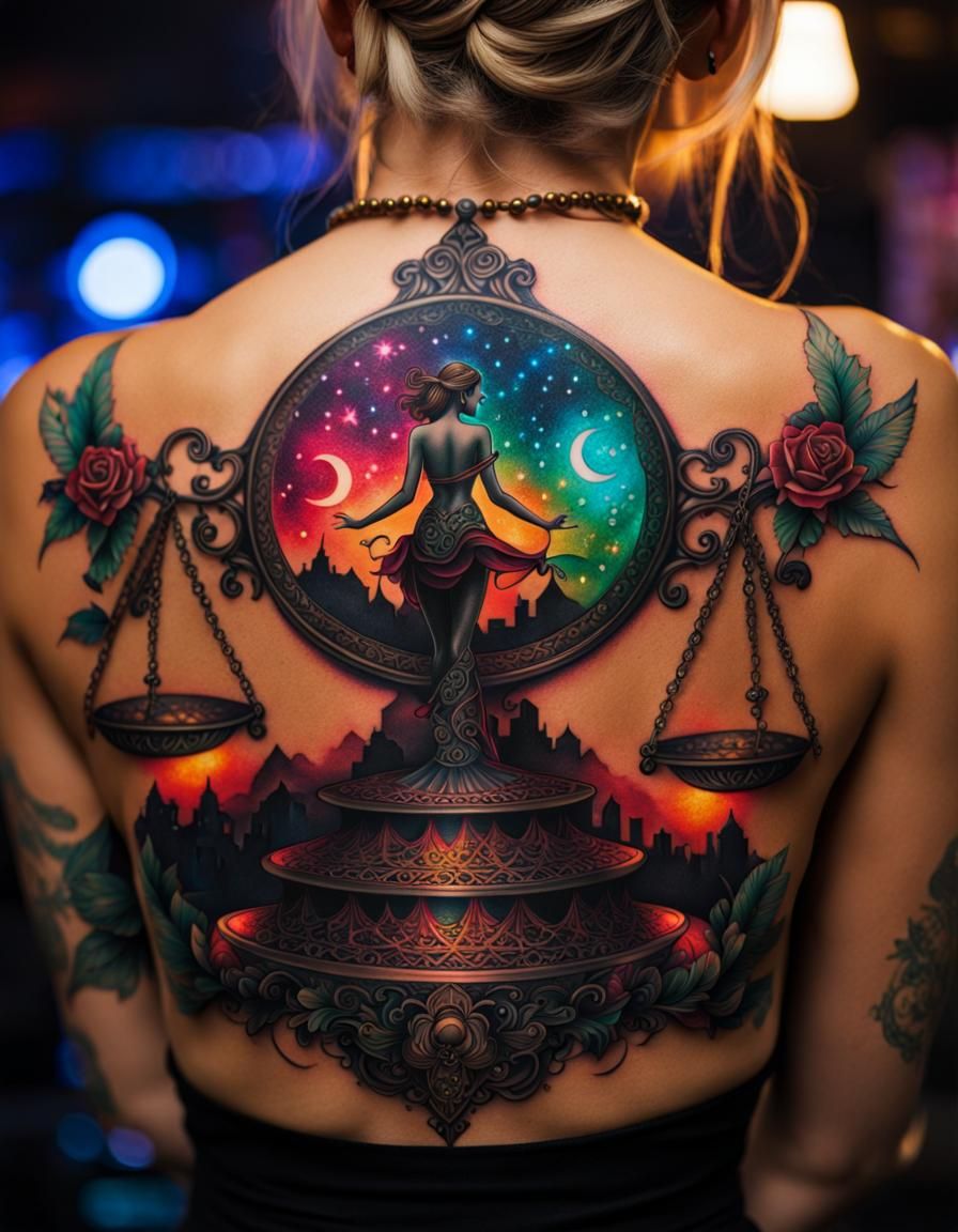 Libra Tattoo: Woman with Intricate Balance Scales