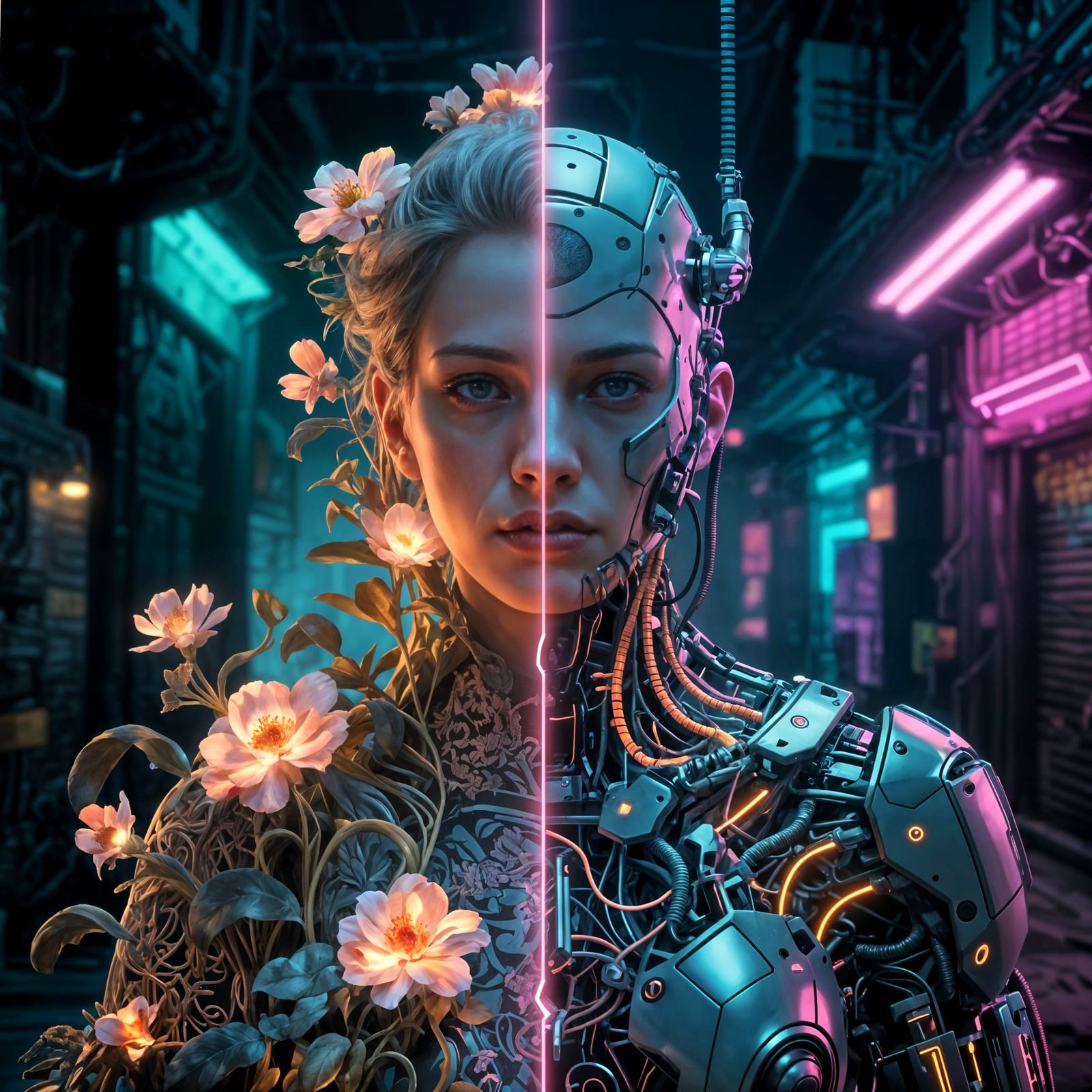 Cyberpunk Duality Portrait in Neon Alley