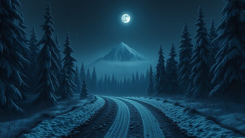 Moonlit Winter Forest Path Beneath a Snow-Covered Mountain P...