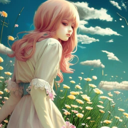 Kawaii Nurse Portrait with Daisies in Pastel Hues