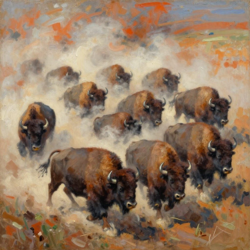 Bison Stampede in Dusty Impressionistic Oil Painting