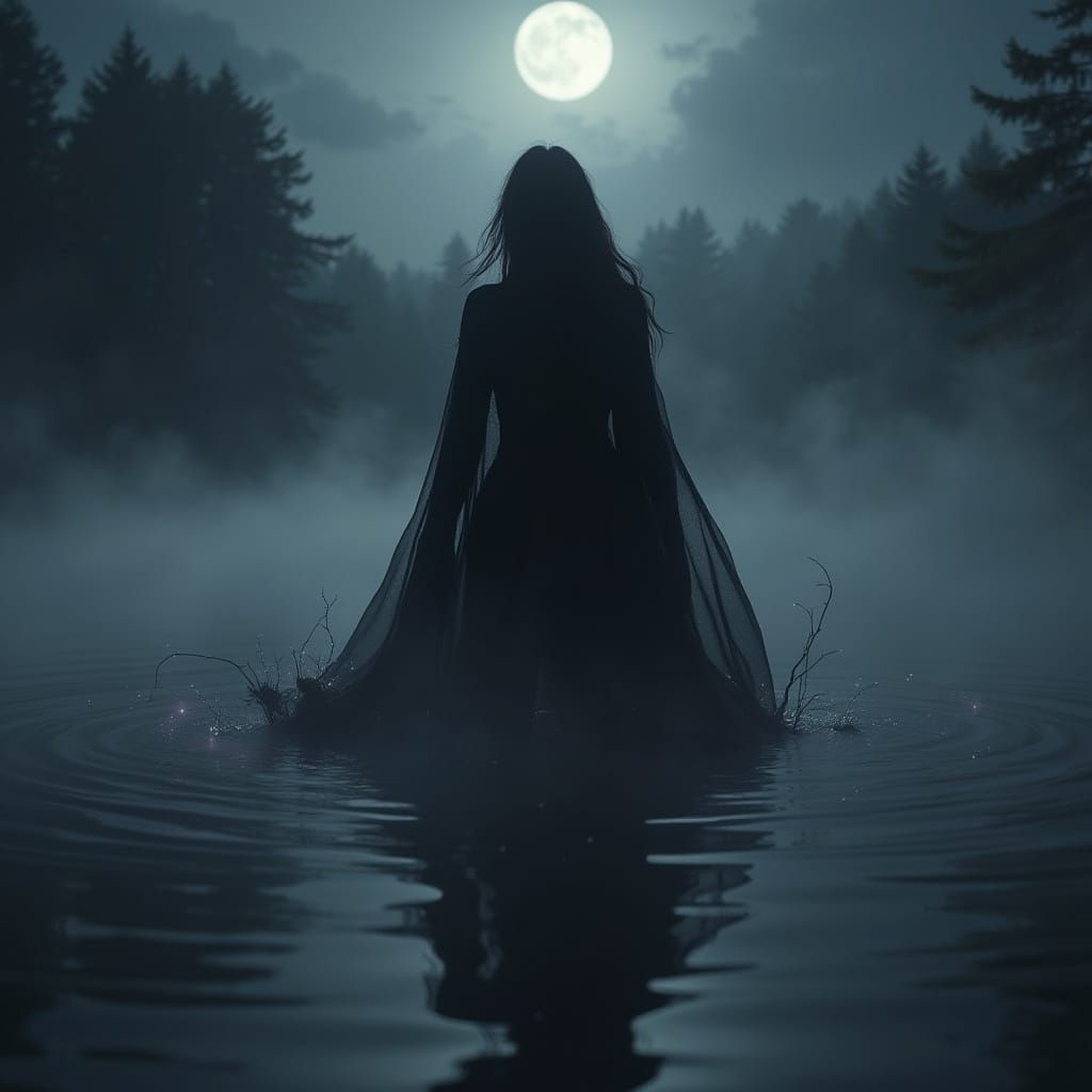 Ethereal Woman Emerges in Misty Moonlight