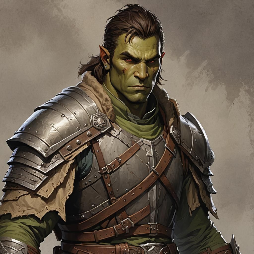 Half-Orc Paladin Portrait, Brown Hair and Eyes