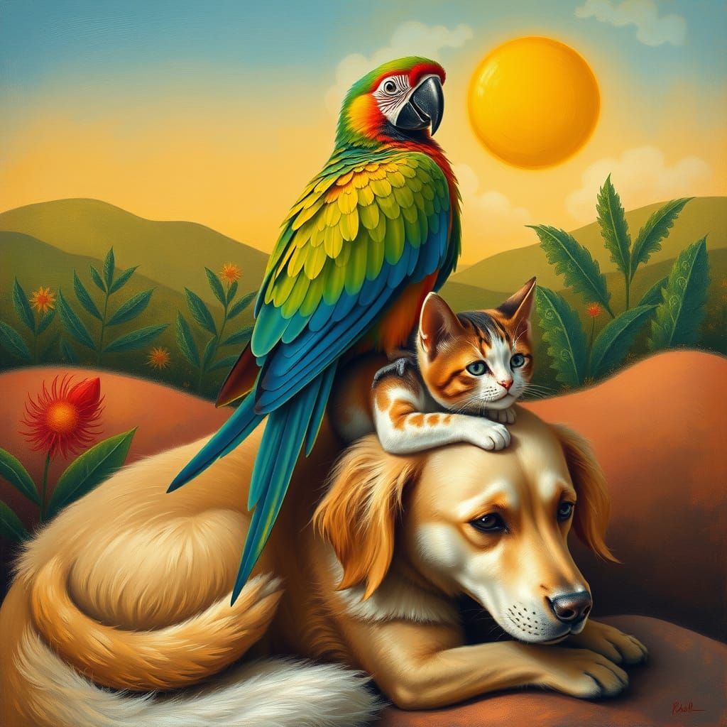 Whimsical Animal Friends in a Sunny Landscape