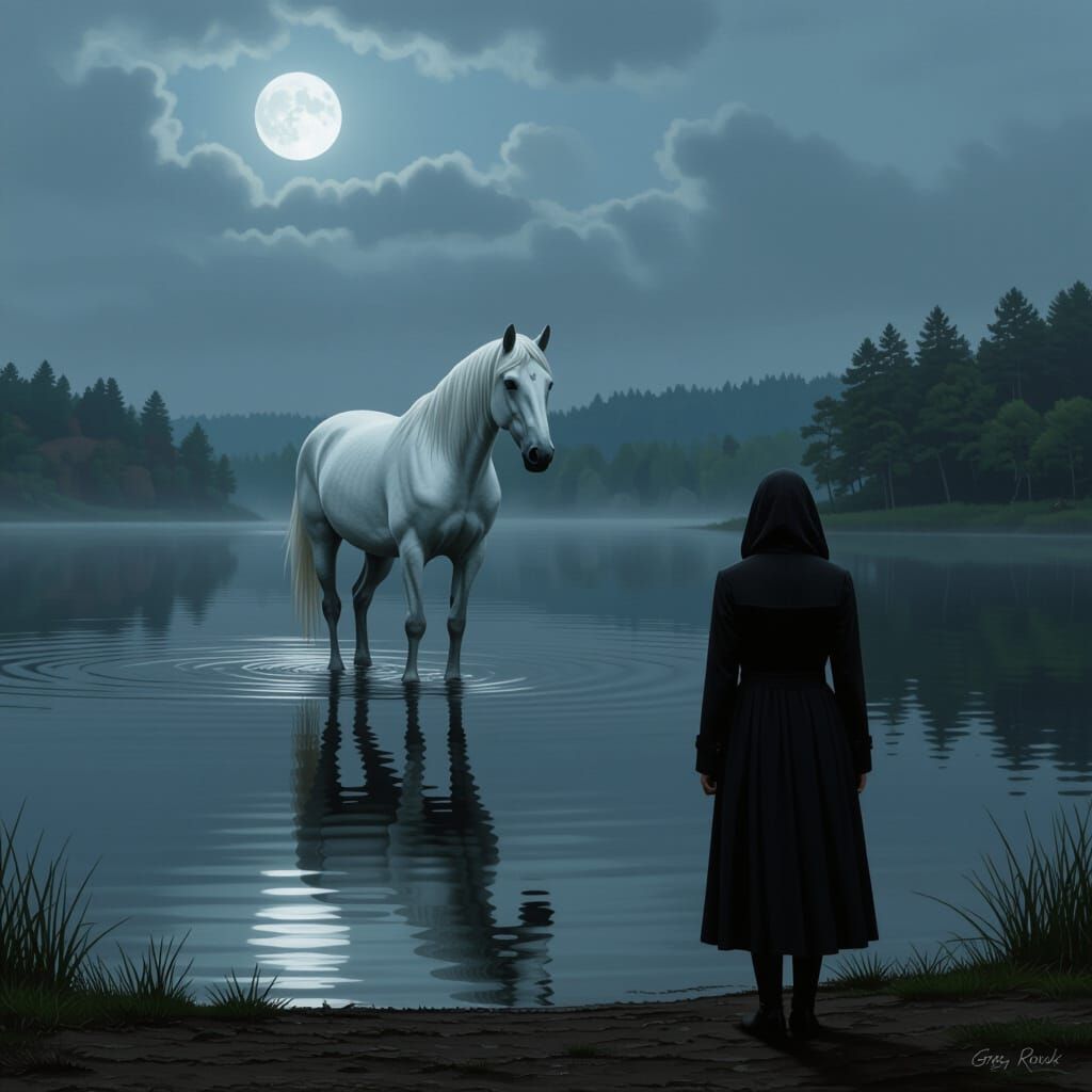 White Horse Emerges from Black Lake