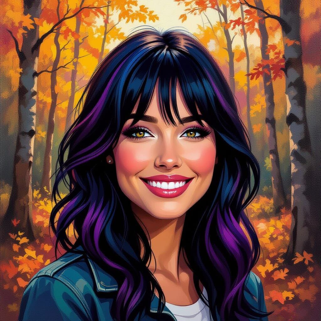 Woman Smiling in Fall Forest - Neo-Impressionist Oil Paintin...