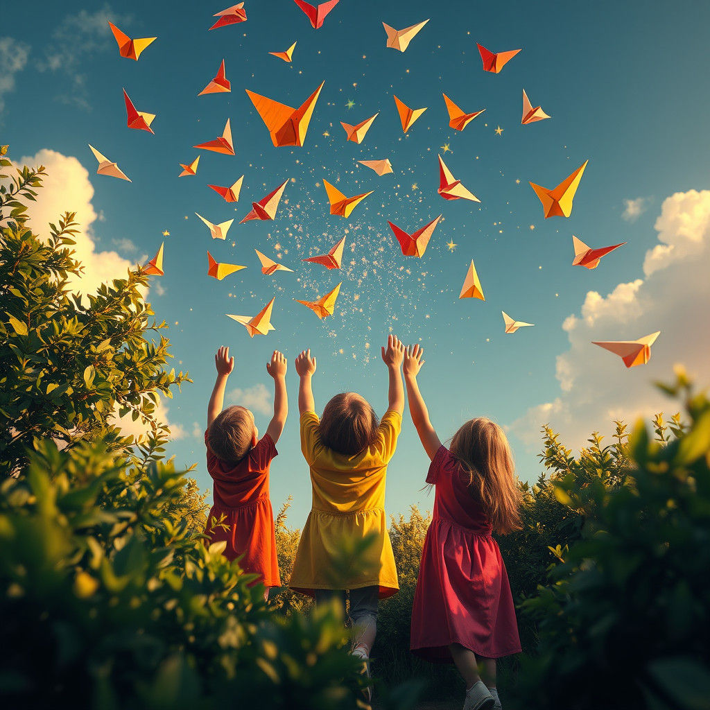 Children Launching Paper Airplanes with Stardust Trails