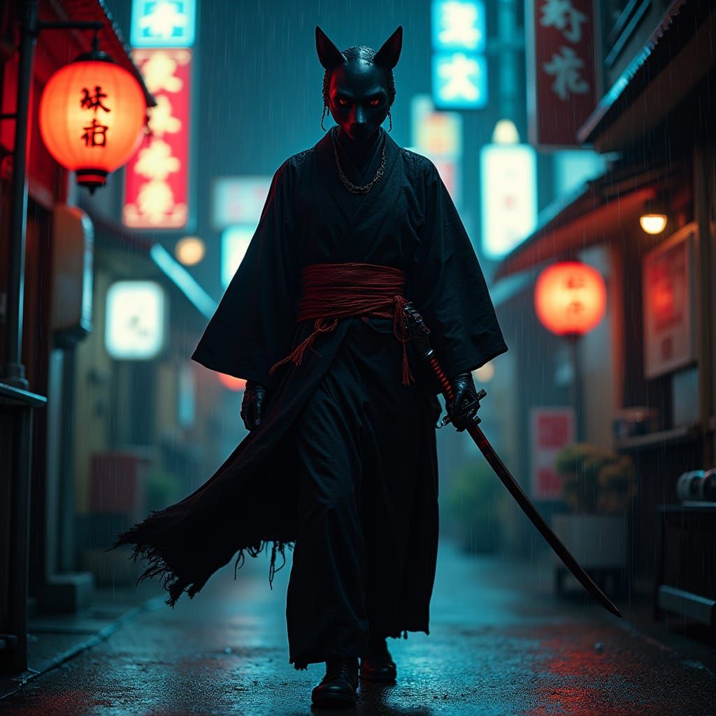 Cyberpunk Assassin Moves Through Tokyo Alleyways in Dark Bio...