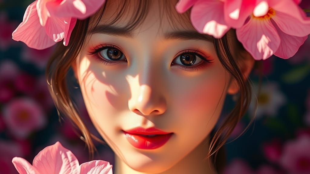 Ethereal Korean Idol with Golden Eyes and Pink Petals in Hyp...