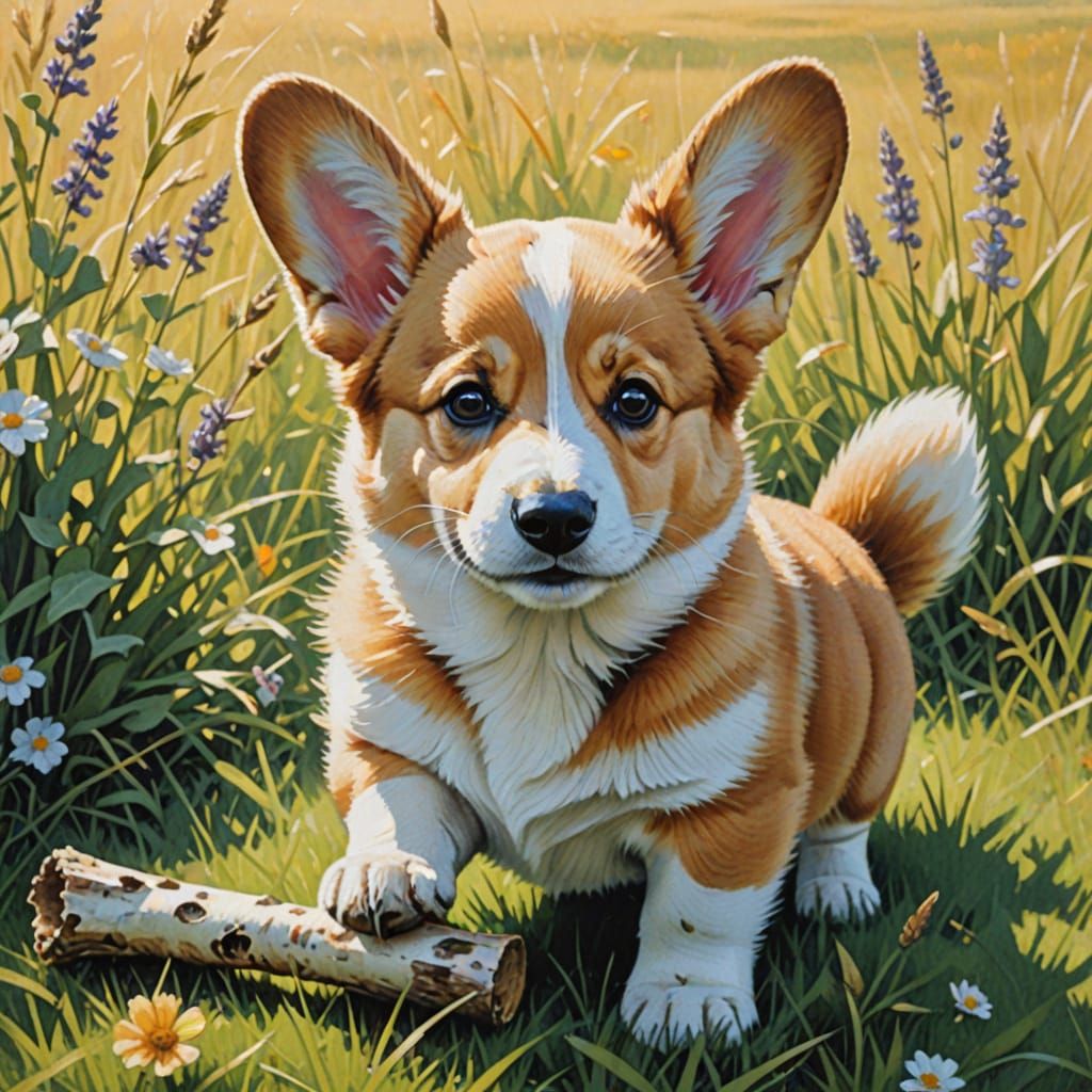 Vibrant Welsh Corgi Puppy in a Sunny Meadow