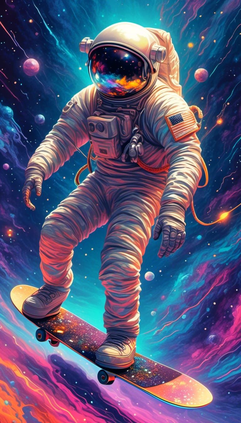 Astronaut Skateboarding Through Vibrant Galaxy in Fantasy St...