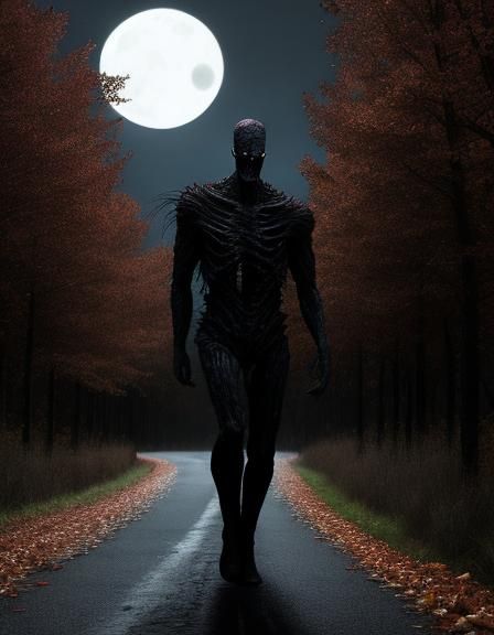 Eerie Figure Walking Down Dark Autumn Road