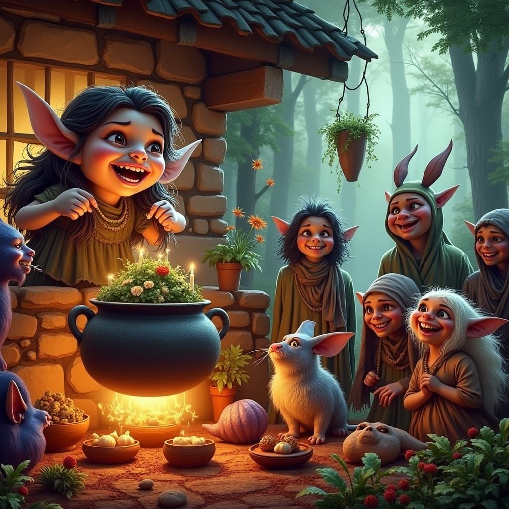 Lost & hungry fae enjoying feast with her new goblin friends