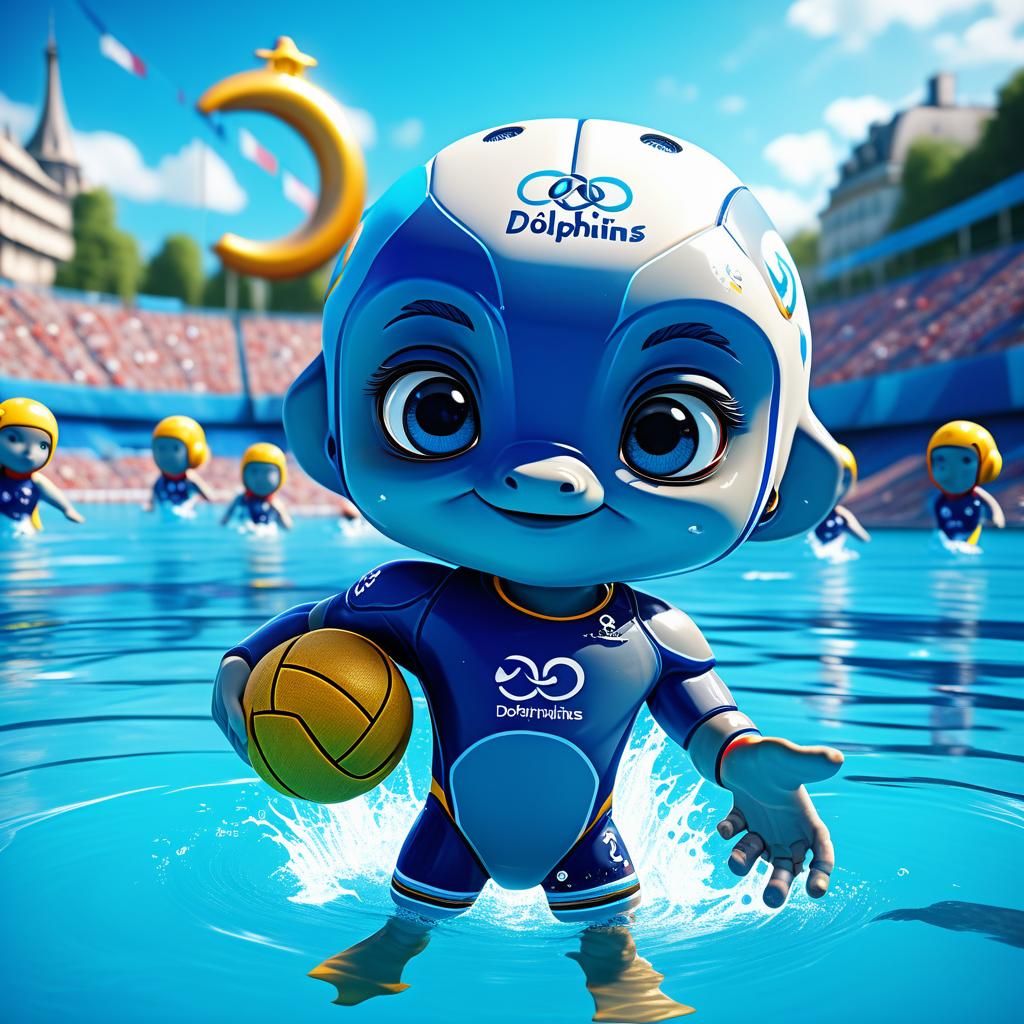 Blue dolphins with big chibi eyes play water polo at the 202...