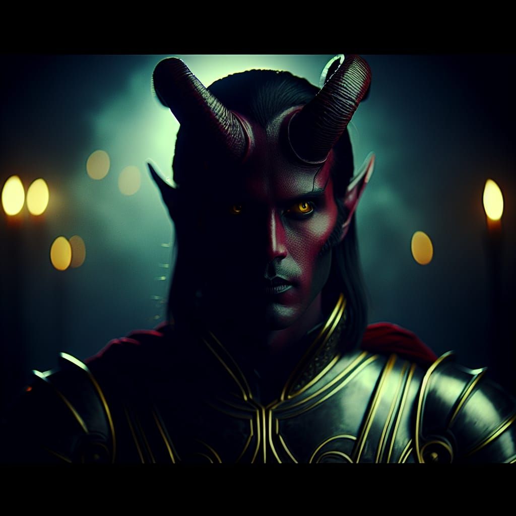 Dramatic Maroon-Skinned Knight with Yellow Eyes