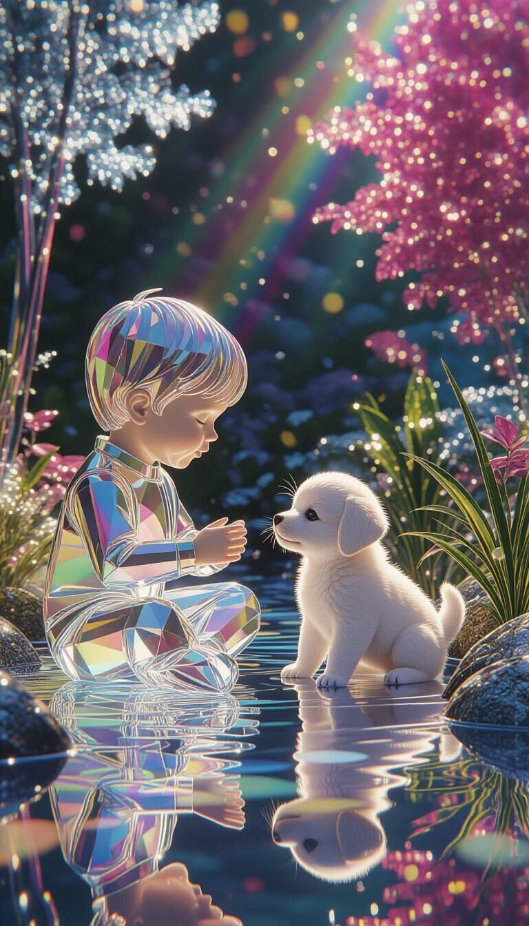 Crystal Boy and Puppy Playing in Glass Garden